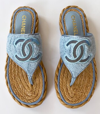 NEW 22P CHANEL BLUE THONGS FLATS SANDALS FABRIC MESH 37.5 | eBay
