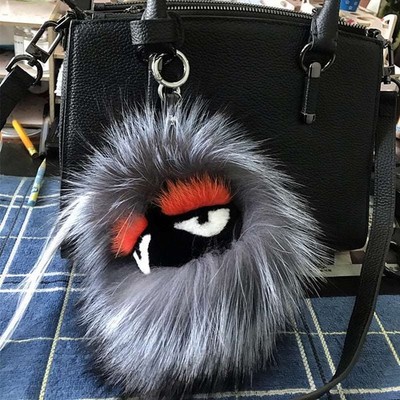 FENDI Pom-Pom Fox Mink Rabbit Fur Freak Monster Bag Bug Charm Grey