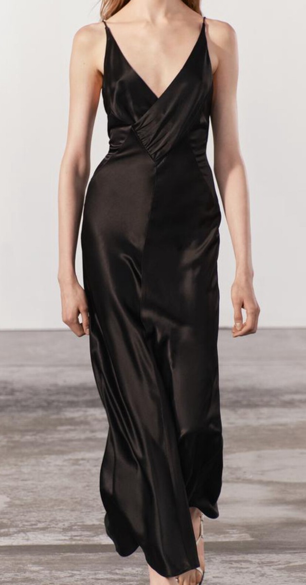 ZARA CROSSOVER SLIP DRESS BLACK LONG V-NECK STRAPPY SS24 SIZES M L