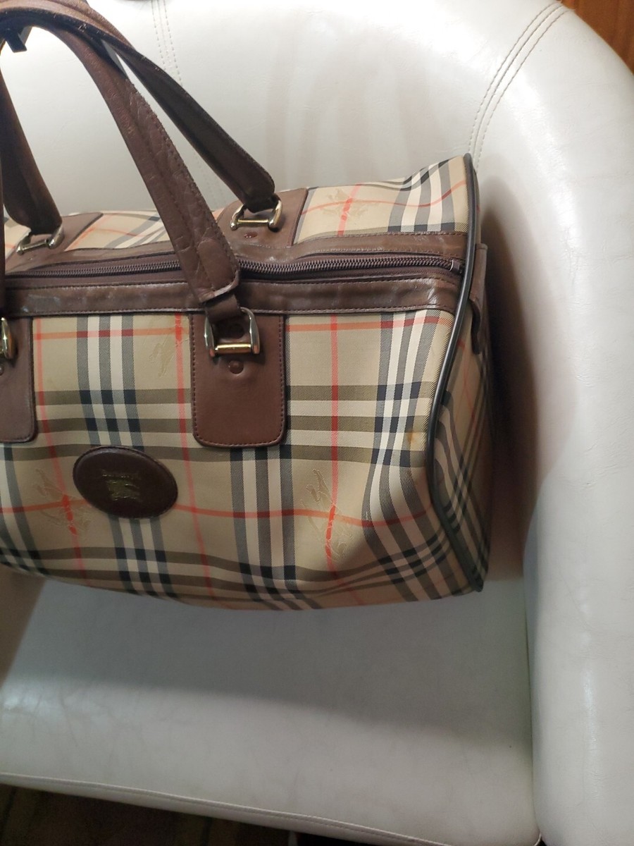 Vintage Burberry Check Canvas Travel Large Boston Broen Beige Bag
