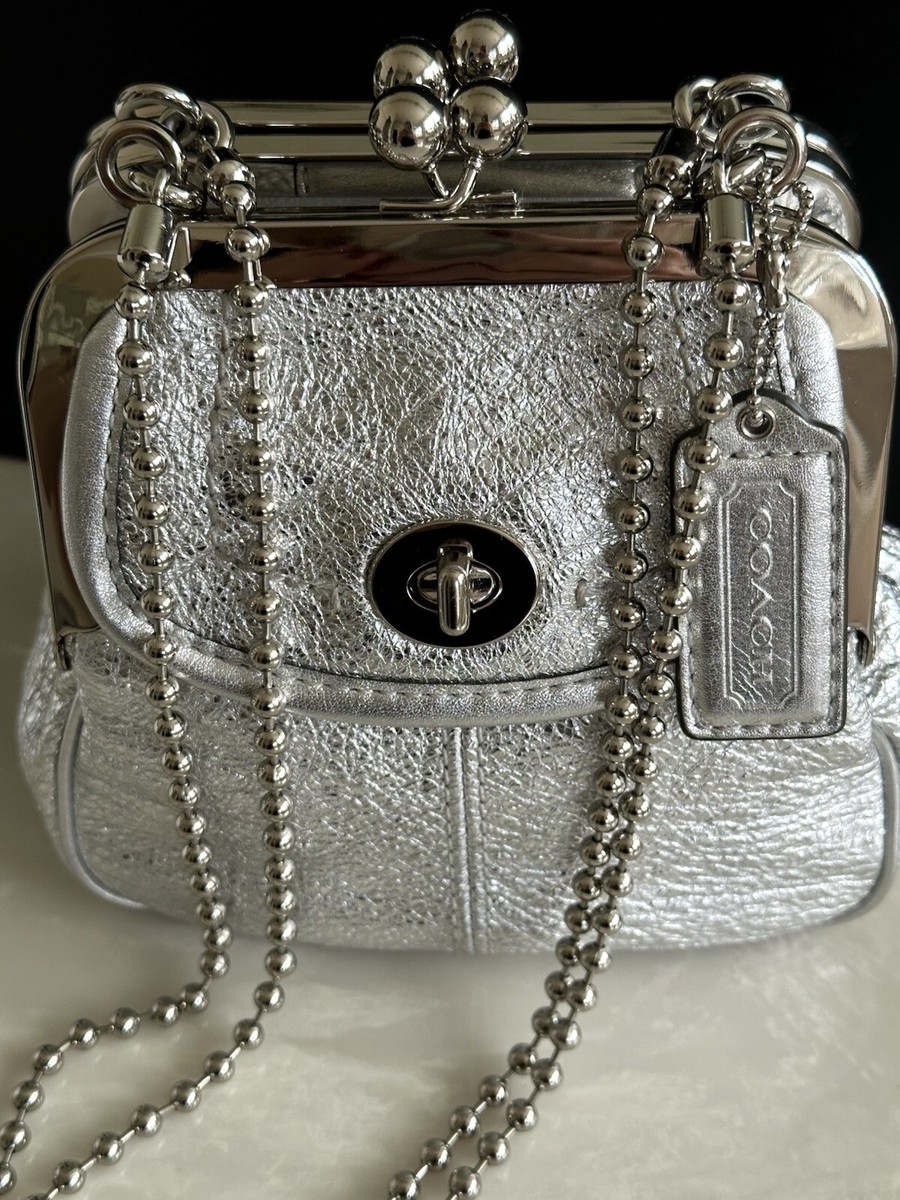 COACH METALLIC SILVER LEATHER DOUBLE KISSLOCK SATCHEL BEAD CHAIN