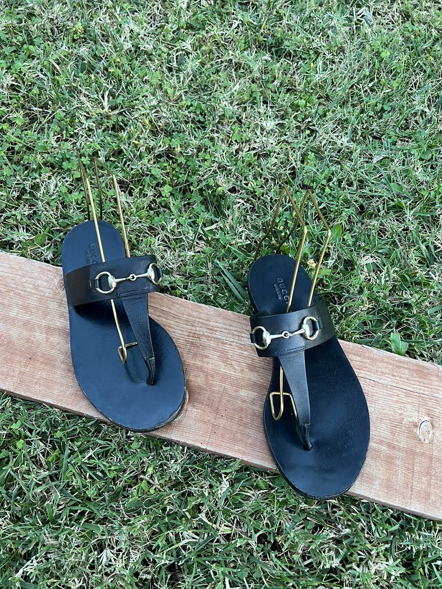 Gucci Marcy Horsebit 🖤Thong Sandals Black Leather Size 35.5 T