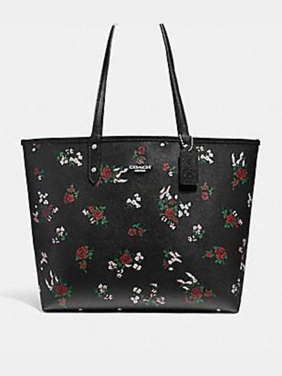 Coach Reversible City Tote With Cross Stitch Floral Bag Black