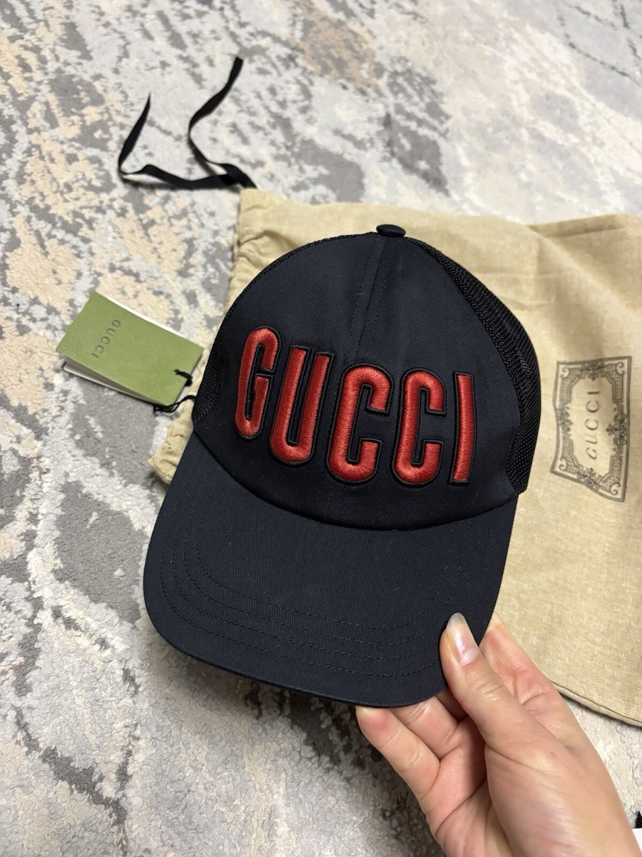 NEW GUCCI Embroidered Logo Baseball Cap Hat Black Red Size M / 58