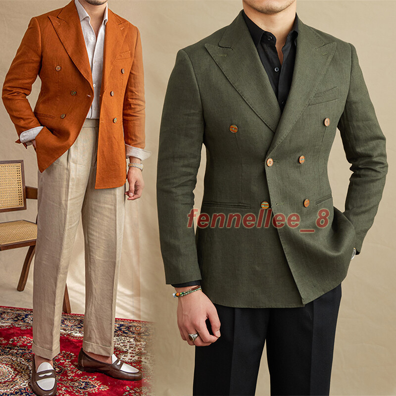 100% Linen Mens Peak Lapel Blazer Coat Double Breasted Suit Jacket