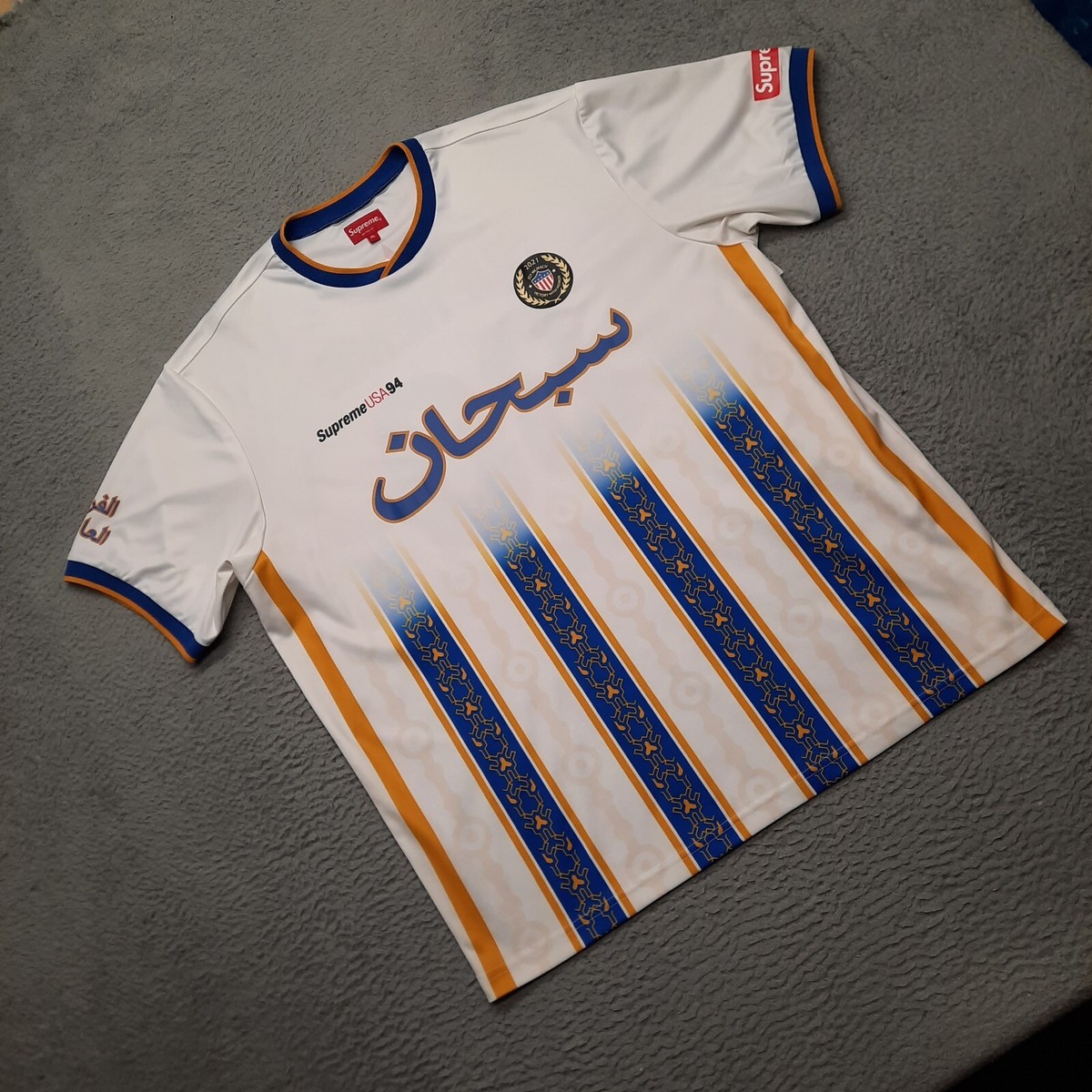 Supreme Arabic Logo Soccer Jersey Men Size XL White Blue SS21