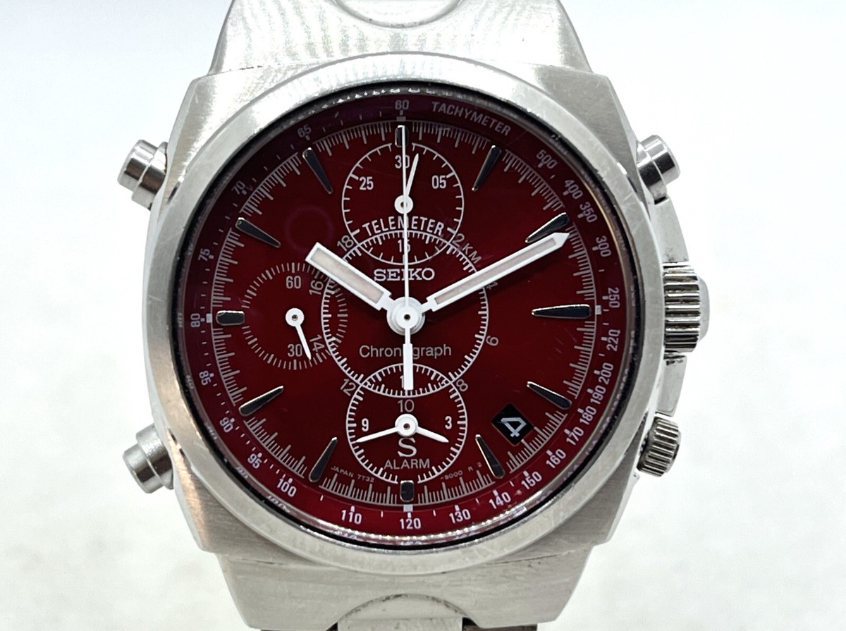 Auth Vintage SEIKO SUS Chronograph Telemeter Red Dial Wristwatch