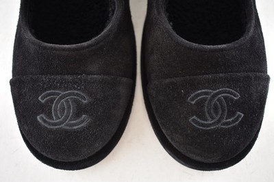 Chanel 25B Black Suede Shearling Fur Mary Jane Moccasin Ballet