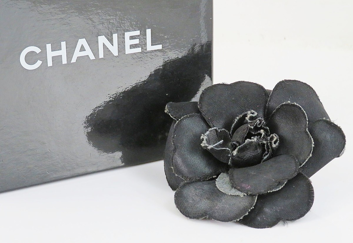 Authentic CHANEL Black Fabric Camellia Flower Design Brooch Pin