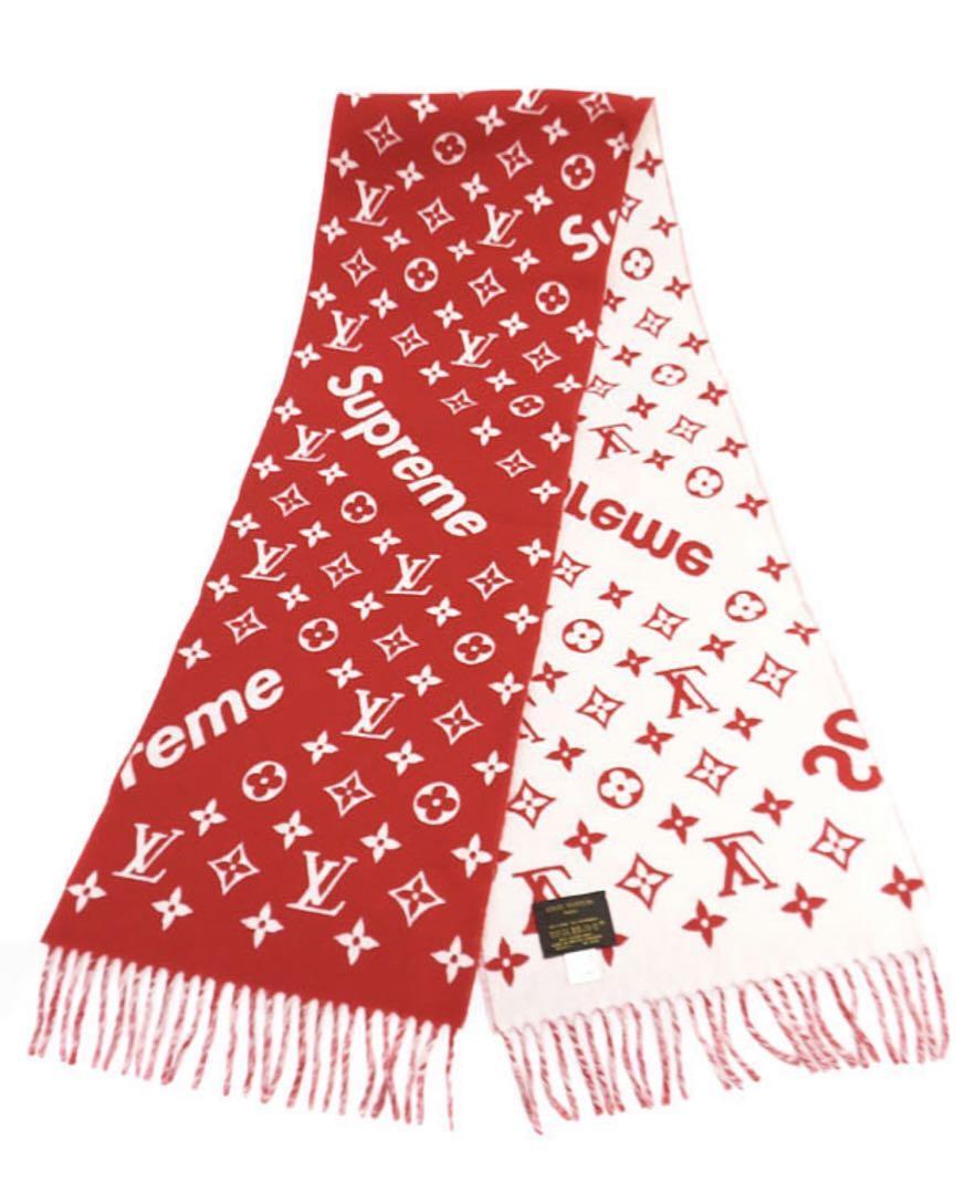 LOUIS VUITTON × Supreme Scarf Red White Wool Cashmere Unisex