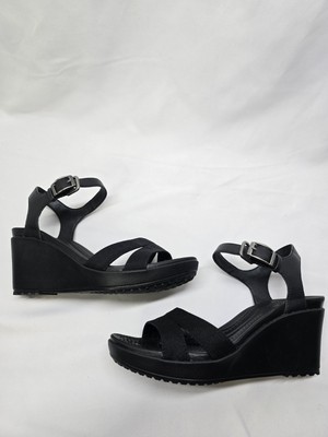 Crocs Leigh II Cross Strap Strappy Ankle Wedge Sandals Black