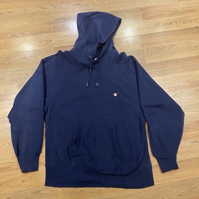 Vintage 80s Champion Reverse Weave Hoodie Size XL Navy Blue USA