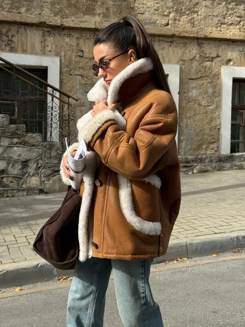 Women Aviator Natural Sheepskin Real Leather Jacket Vintage Thick