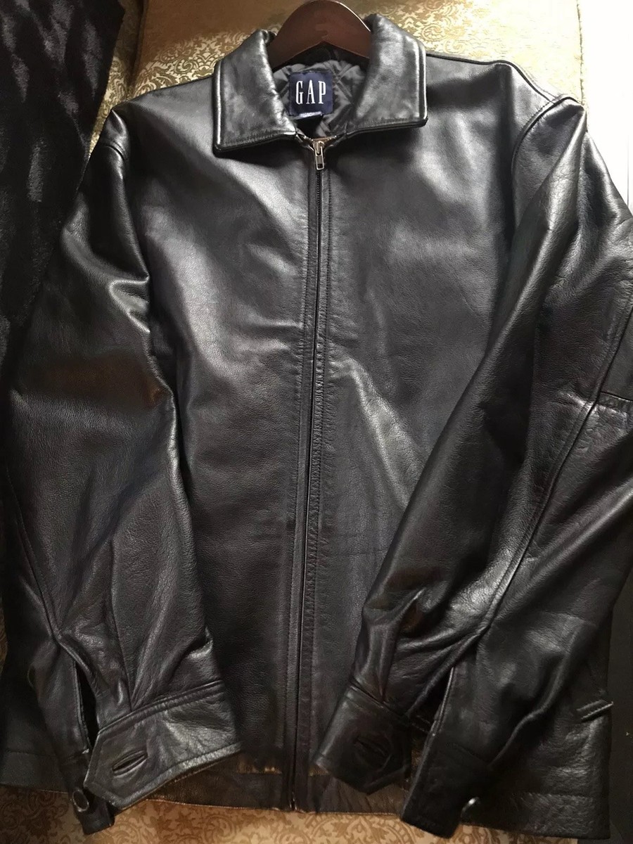 Gap Mens Fine Leather Jacket Black Full Zip Quilted Lining Classic