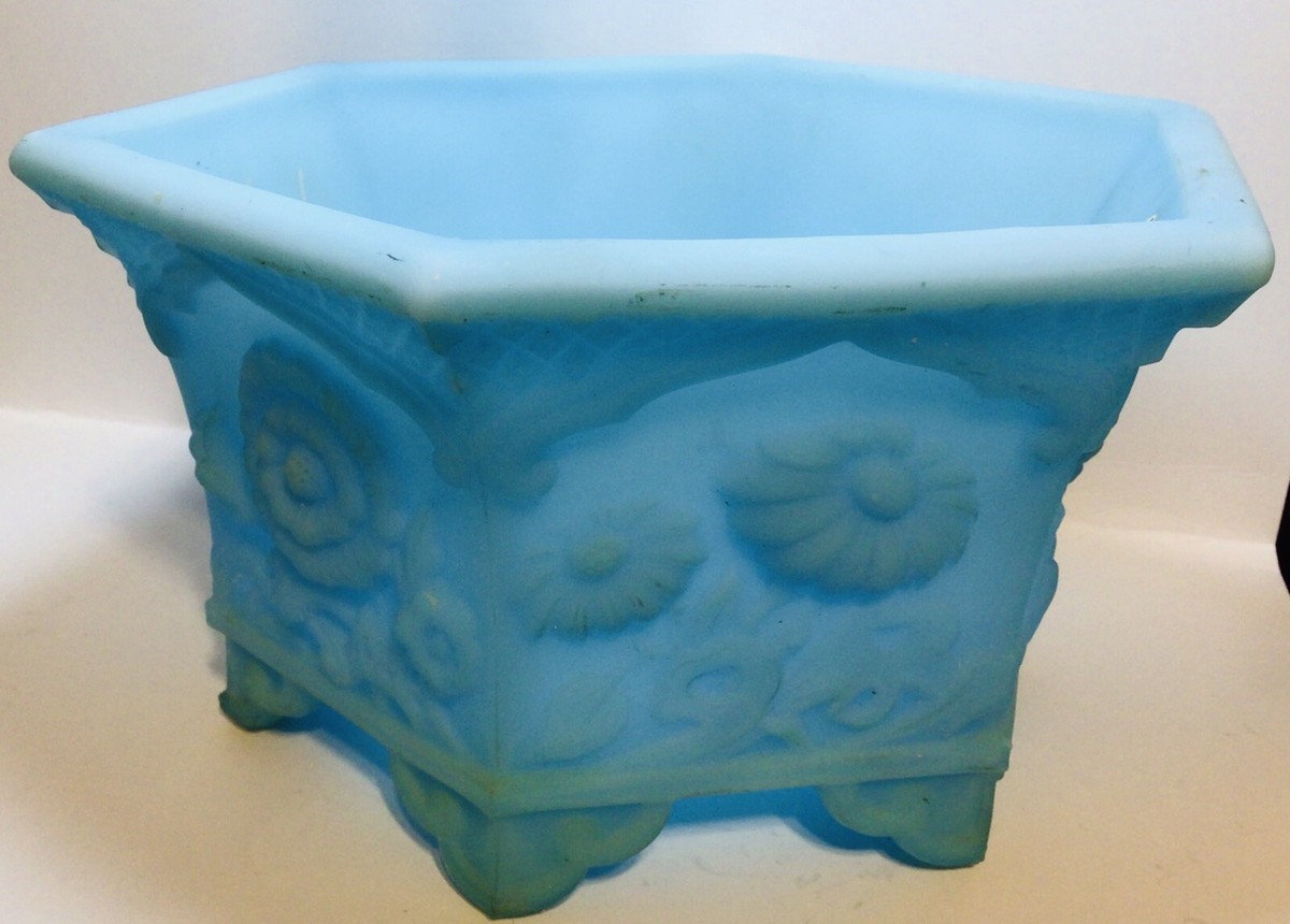 Vtg 70s Fenton Blue Satin Glass Hexagon Bowl Original Label