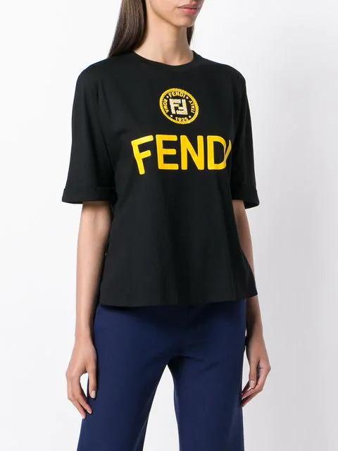FENDI Black Cotton Roma FF T-Shirt Glass Embeliished Printed Logo