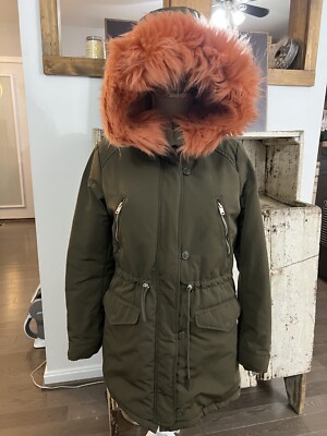 Cool Army Green & Coral Peach Pink Faux Fur Lined Parka Jacket