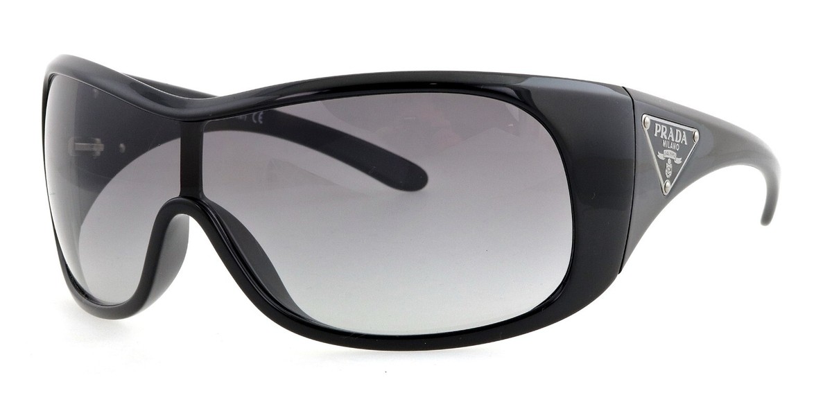 New PRADA SPR14L 1AB-3M1 Glossy Black Shield Wrap Sunglasses Italy