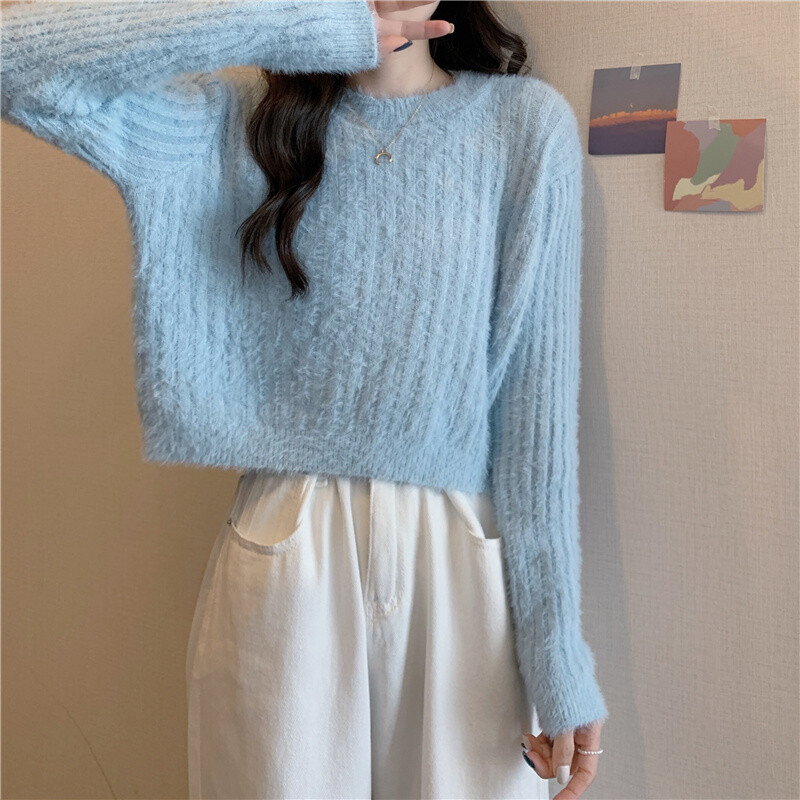 Ladies Faux Mohair Fur Jumper Crop Knit Sweater Women Pullover