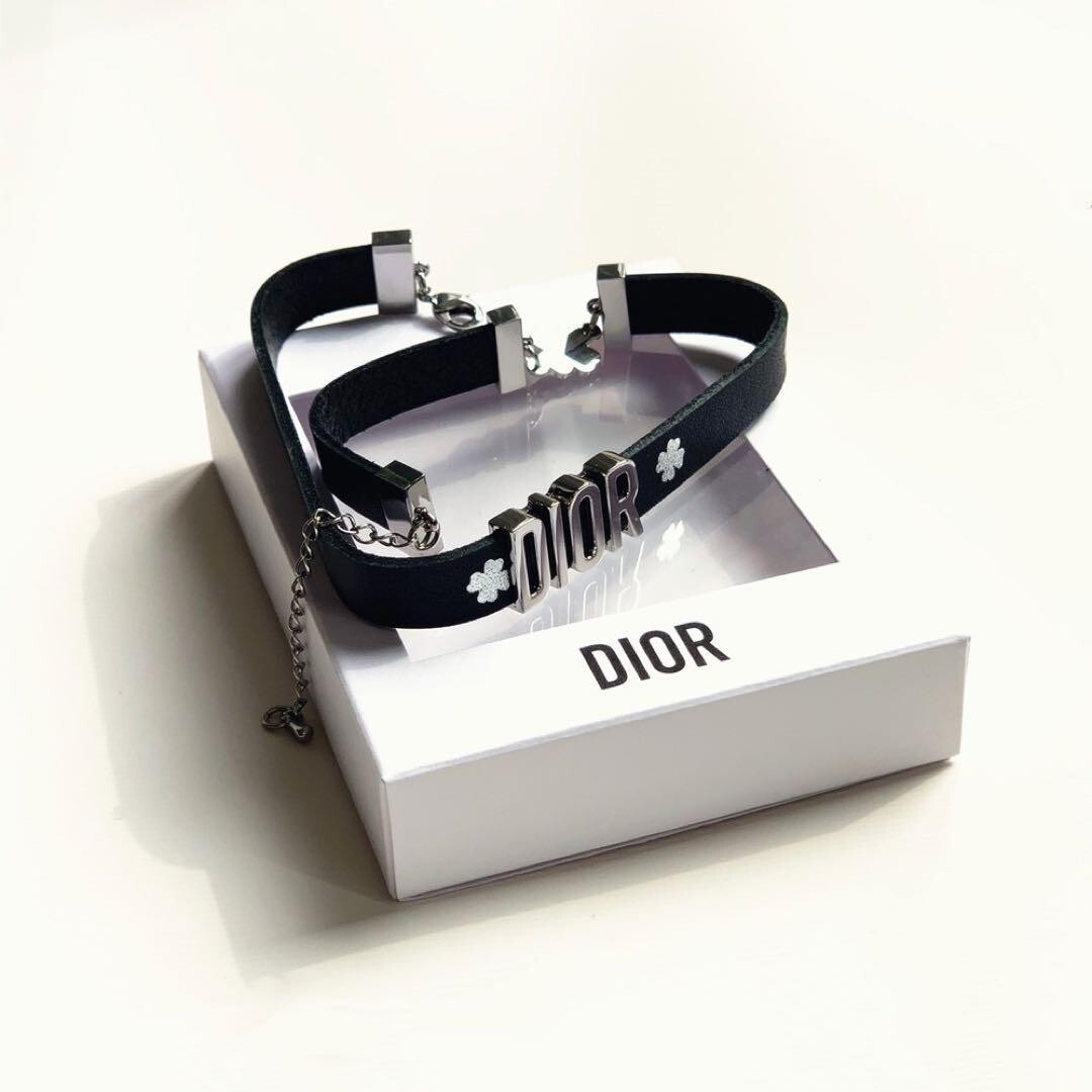 Christian Dior Bracelet choker Black Silver CloverCharm Ribbon
