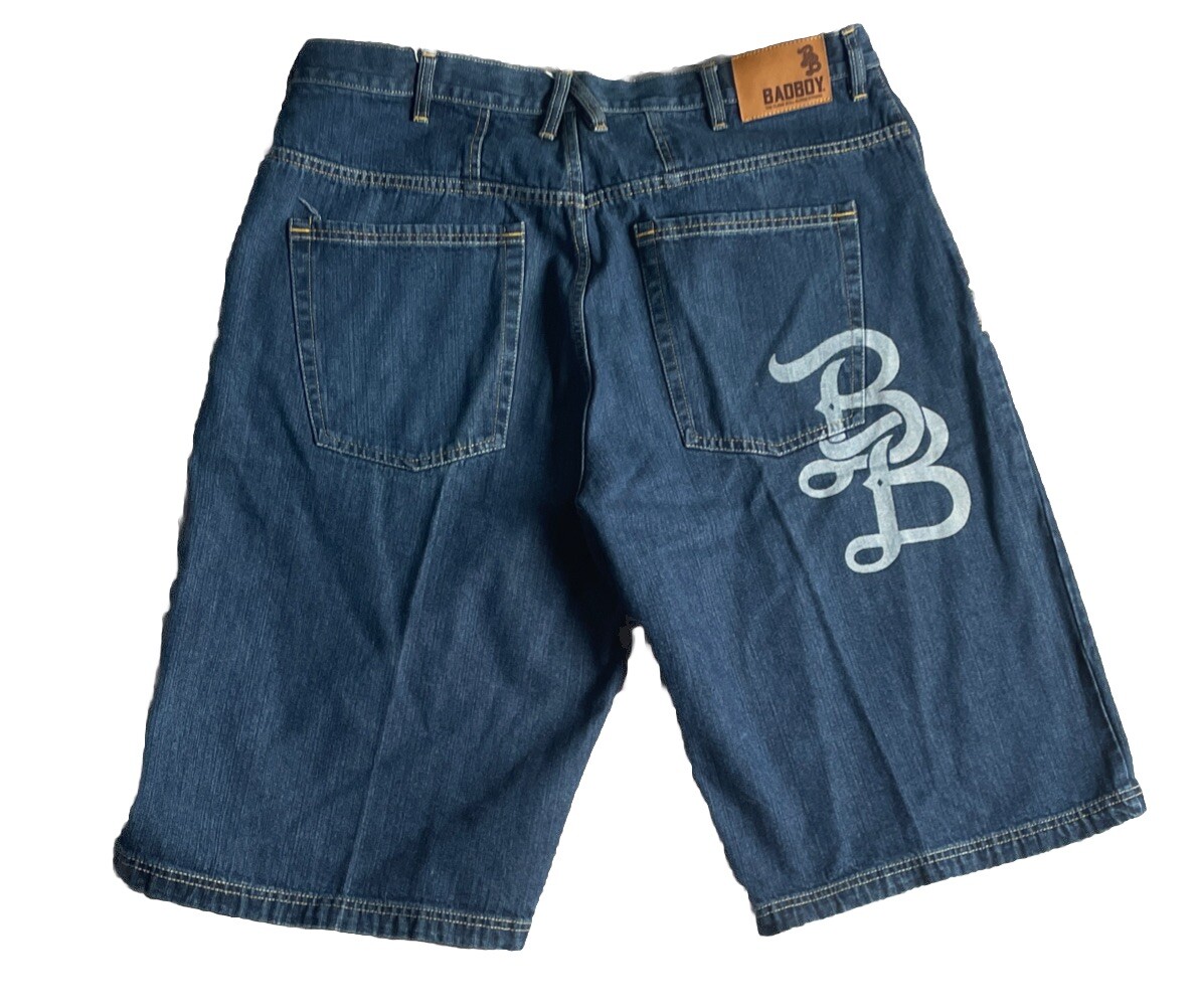 BAD BOY Jean Shorts Mens 38 Blue Baggy Wide Denim Logo Cotton Y2K
