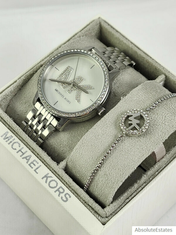 NEW Michael Kors Melissa Silver Crystal Watch Logo Bracelet Set