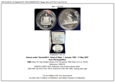 1986 SAMOA UK British KON-TIKI EXPEDITION Vintage Silver $25 5OZ