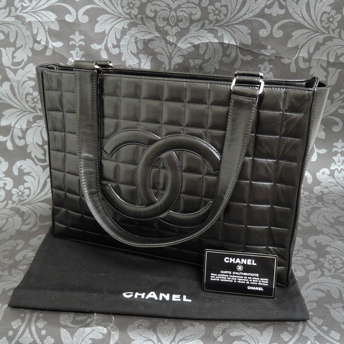 CHANEL Calf Skin Leather Chocobar Black Shoulder Bag Handbag #2429