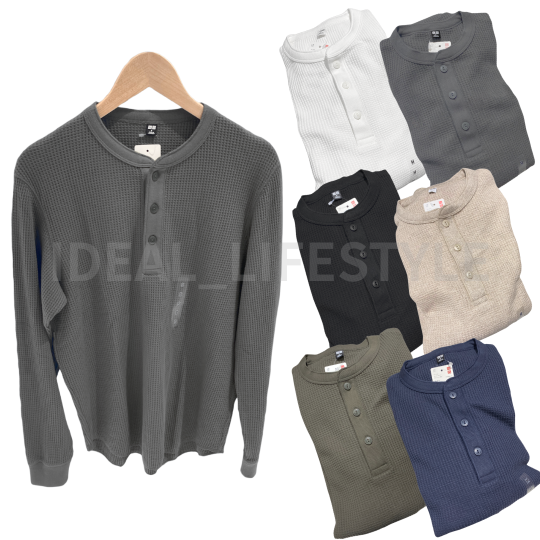 UNIQLO Waffle Henley Neck Long-Sleeve T-Shirt S-4XL Men 479784