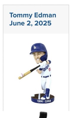 2025 Los Angeles Dodgers Tommy Edman Bobblehead SGA 6/2/2025 New