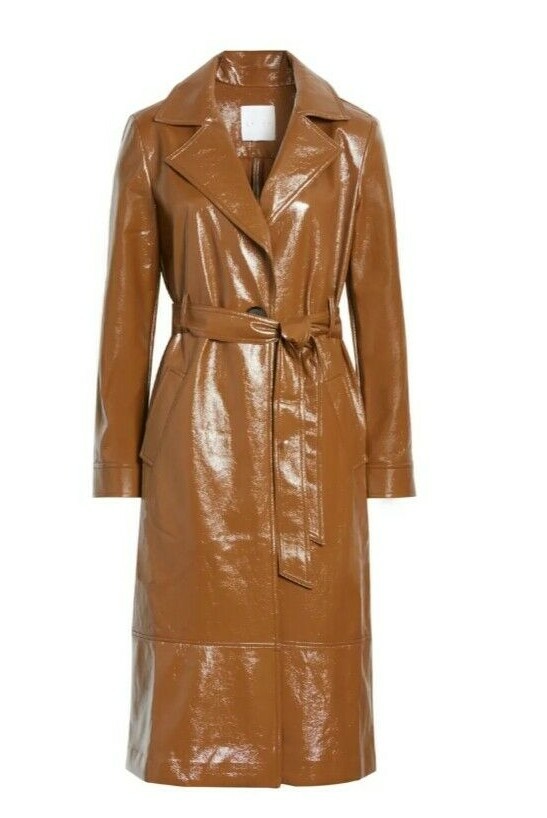NWT! Leith Women's Camel Brown Faux Patent Leather Trench Coat