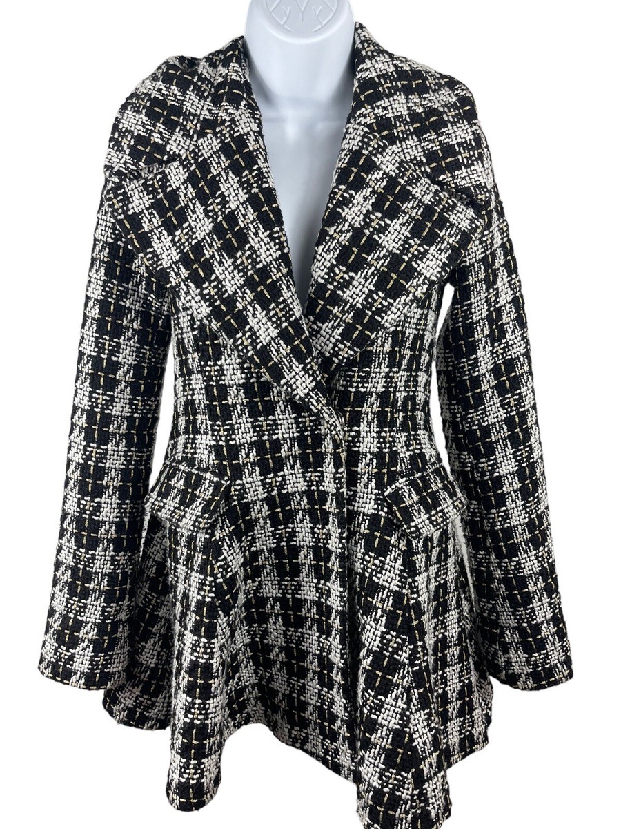 Korean K-Daba Tweed Plaid Patterned V-neck 2 Button Peplum Sz 6