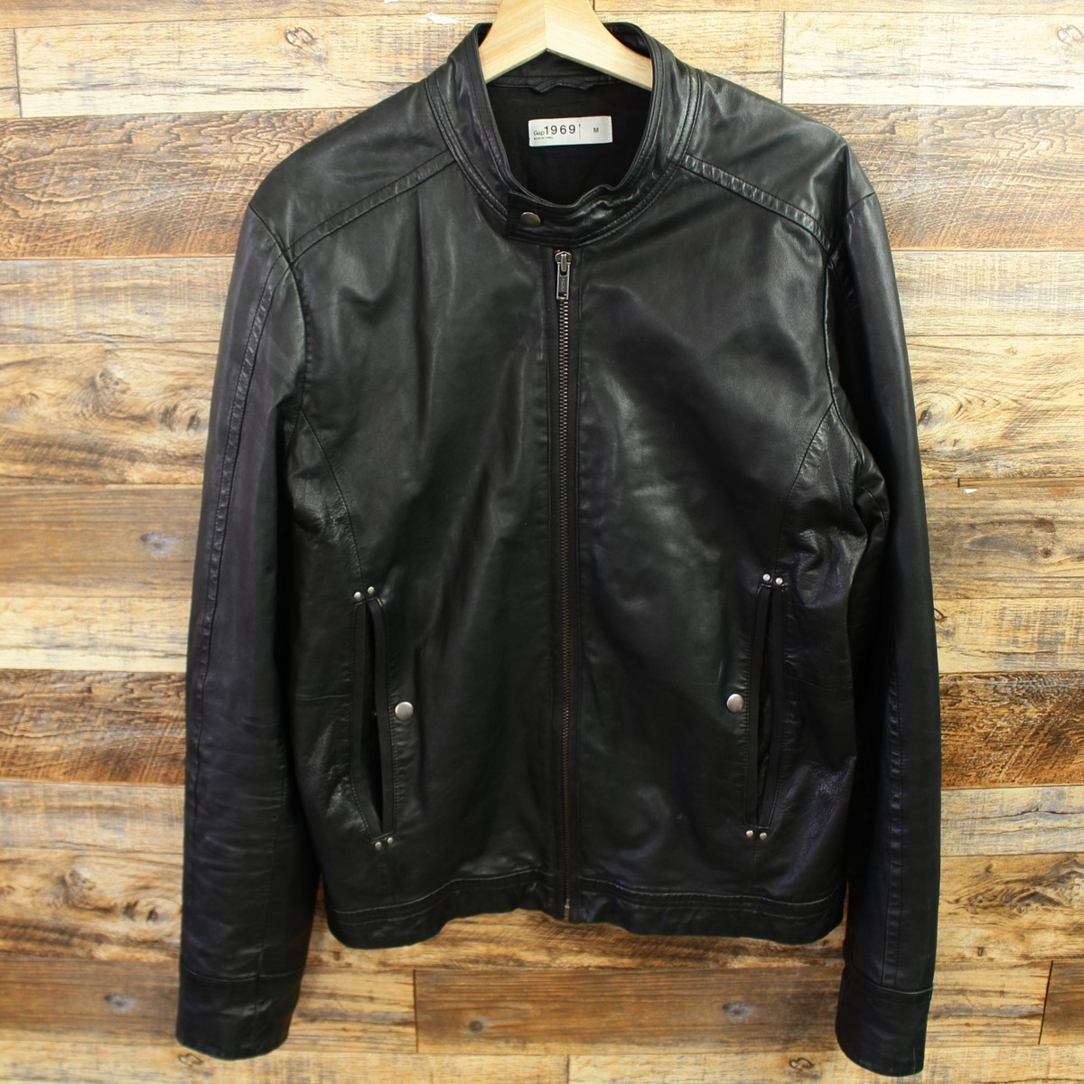 Gap Leather Bomber Jacket M Mens Vintage Bike Motorcycle Full Zip