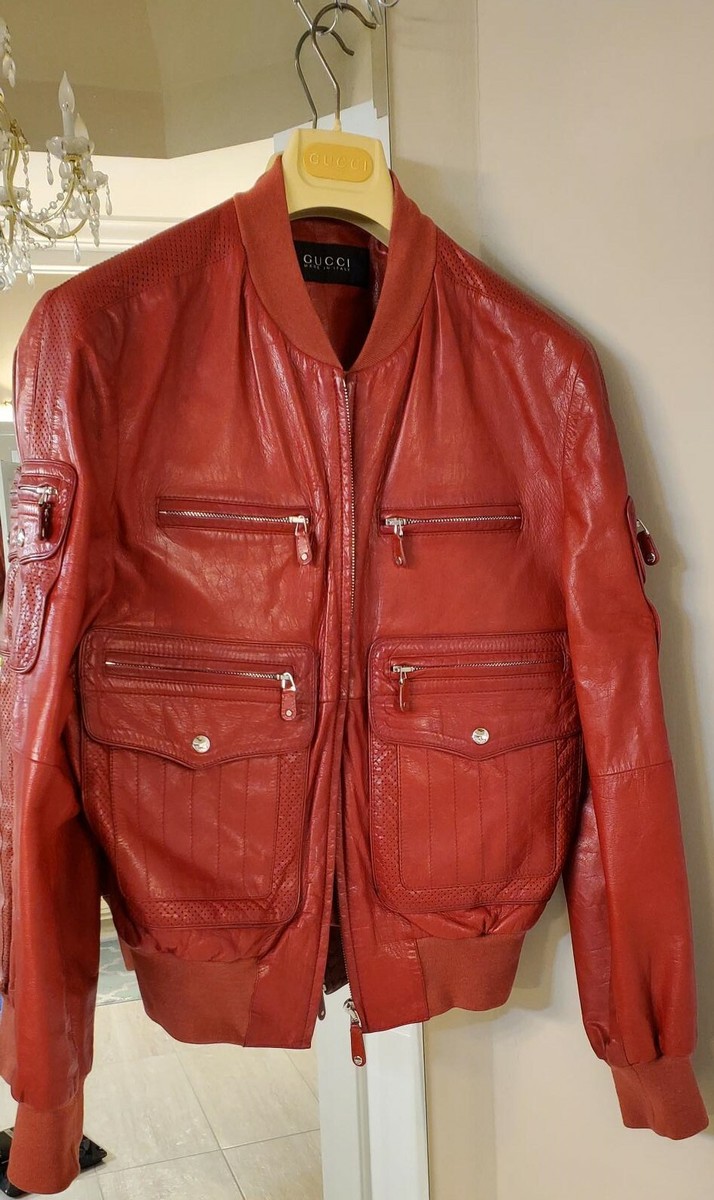 Gucci Cherry Red Moto/Biker Leather Jacket 44r Slim Fit Extremely