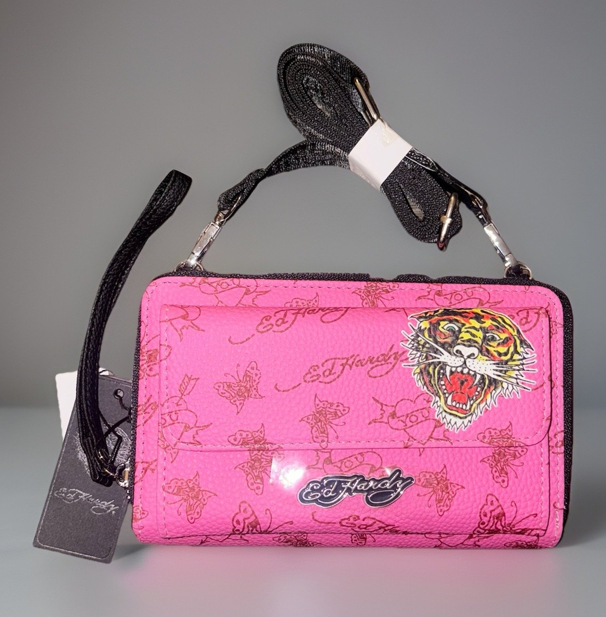 Ed Hardy Tiger & Logo Pink/Red Crossbody/Wallet #EHW11105L-42-PKR
