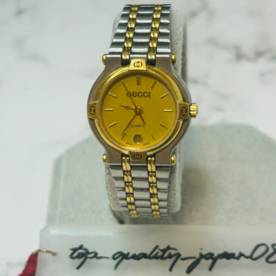 Auth GUCCI 9000L Gold Dial SILVER DATE VINTAGE SWISS MADE WATCH