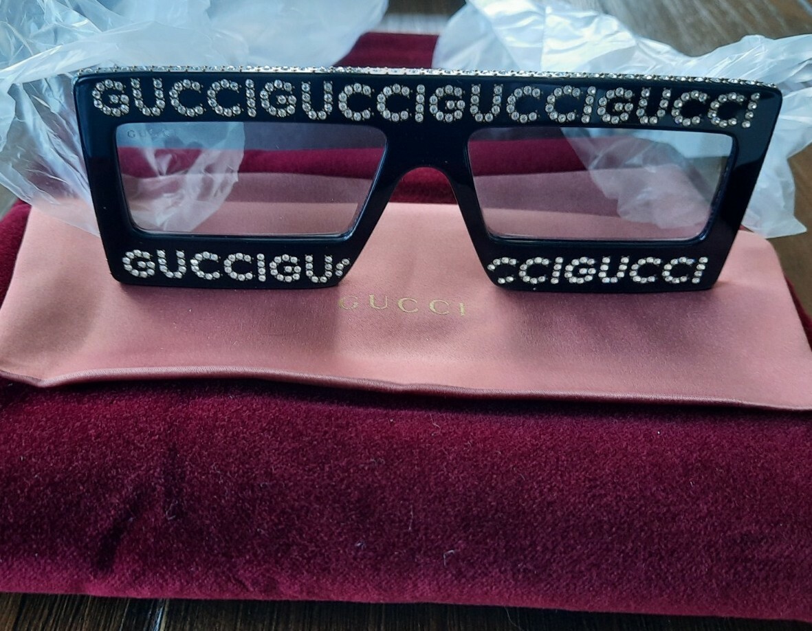 GUCCI EYEWEAR black rhinestone studded logo square tinted