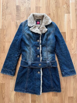 Vintage Y2k Miss Sixty 60 Womens Button Denim Sherpa Fur Coat