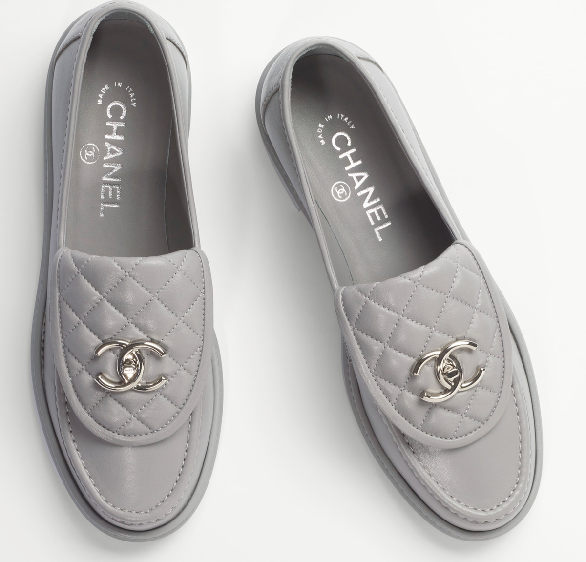 Chanel 21B Grey Quilted Flap Turnlock CC Logo Silver Mule Slip On