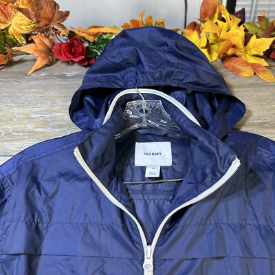 Rain Jacket Size XS Navy Blue Windbreaker With Hood, Zip Pockets