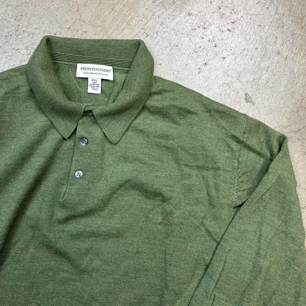 Vintage 100% merino wool knit polo shirt long sleeve green mens