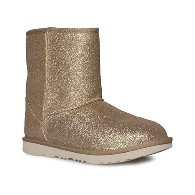 UGG CLASSIC SHORT II GLITTER GOLD LEATHER BOOTS YOUTH 6 FIT'S