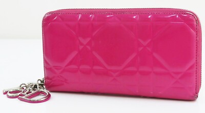 Auth CHRISTIAN DIOR Lady Dior Pink Patent Leather Zippered Long