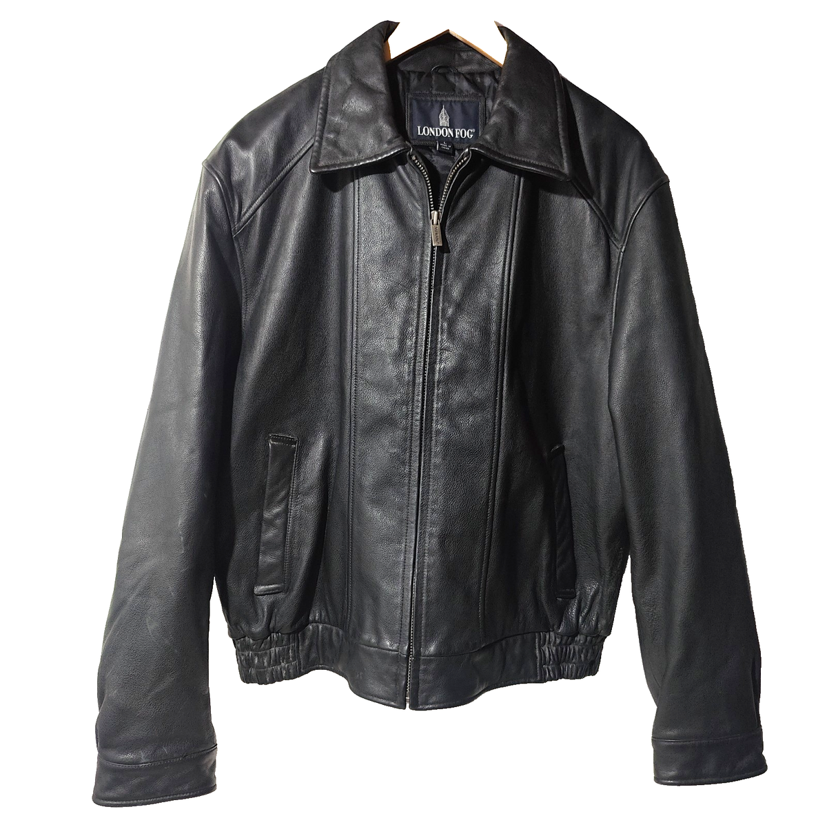 Vintage 90s London Fog Mens Black Leather Bomber Biker Moto Jacket