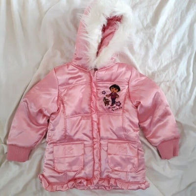 DORA the Explorer Coat Girl's 4/5 NWOT Warm Satin Jacket Faux Fur
