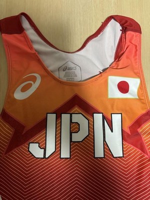ASICS Team Japan Wrestling Singlet M Red & Blue Meiji Sponsor Set