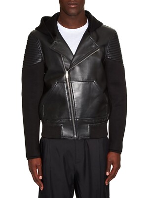 $3k+ Givenchy Black Leather Neoprene Hooded Biker Jacket Riccardo