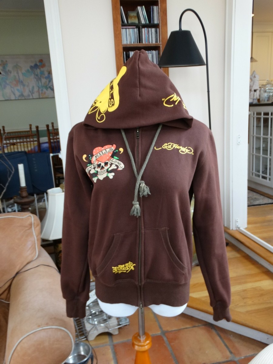 Don ED HARDY Rhinestone Love Kills Slowly Skull BROWN Full Zip