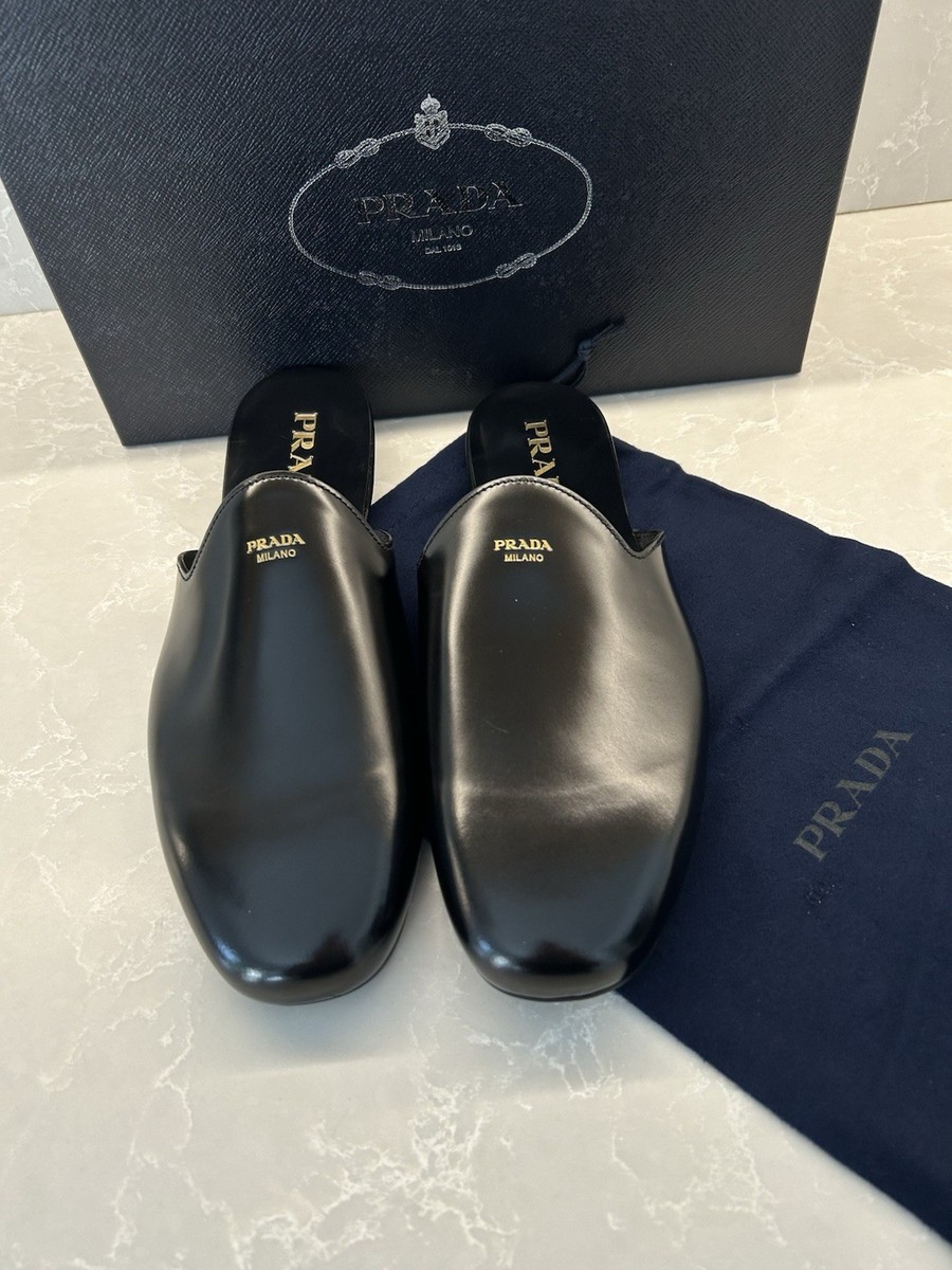 New Prada Men's Black Analog Smooth Leather Slipper Shoes US 9 UK