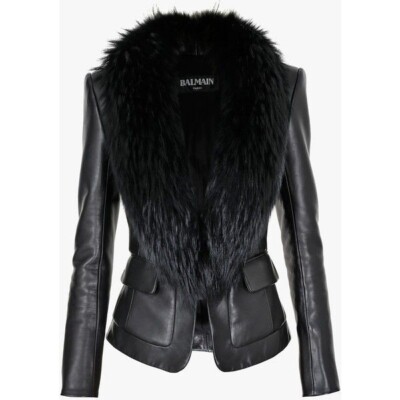 BALMAIN Leather Blazer with Removable REAL Fur Collar - FR40 | eBay